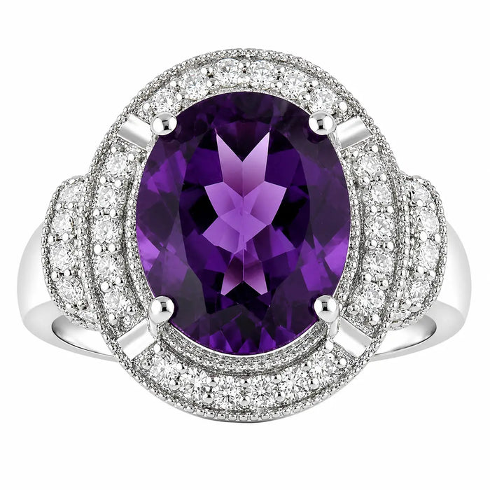 3.20 Ct Oval Purple Amethyst and Lab Diamond Prong Silver Halo Statement Ring by Fine Color Jewels