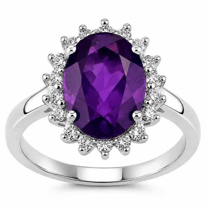 3.20 Ct Oval Purple Amethyst and Lab Diamond Prong Silver Halo Ring by Fine Color Jewels