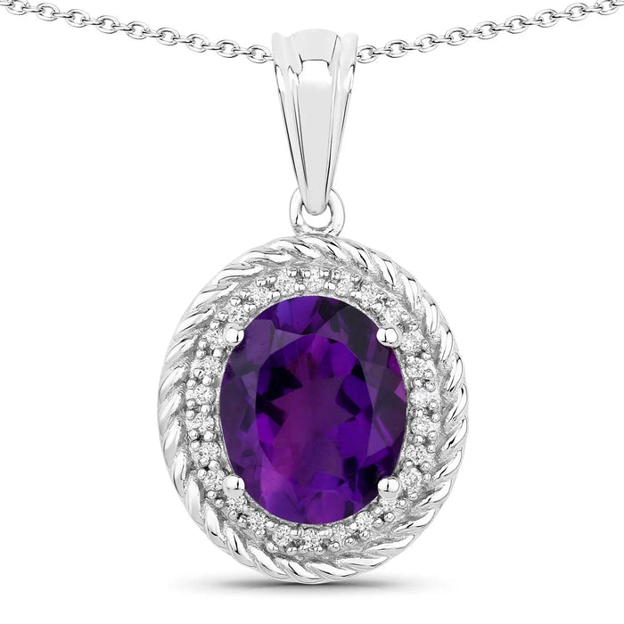 3.20 Ct Oval Purple Amethyst & Lab Diamond Prong Silver Oval Halo Pendant Necklace by Fine Color Jewels