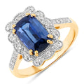 3.21 Ct Cushion Ceylon Blue Sapphire and White Diamond Prong 18K Gold Pave Halo Statement Ring by Fine Color Jewels