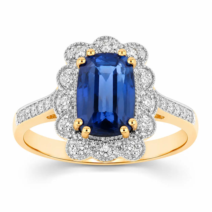 3.21 Ct Cushion Ceylon Blue Sapphire and White Diamond Prong 18K Gold Pave Halo Statement Ring by Fine Color Jewels