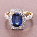 3.21 Ct Cushion Ceylon Blue Sapphire and White Diamond Prong 18K Gold Pave Halo Statement Ring by Fine Color Jewels