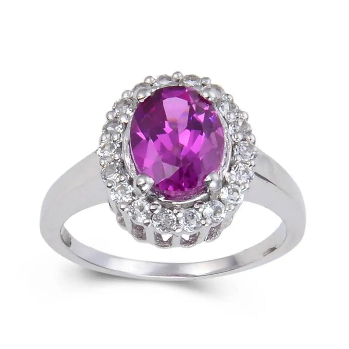 3.21 Ct Oval Created Purple Sapphire and White Topaz Prong Silver Halo Engagement Ring by Fine Color Jewels