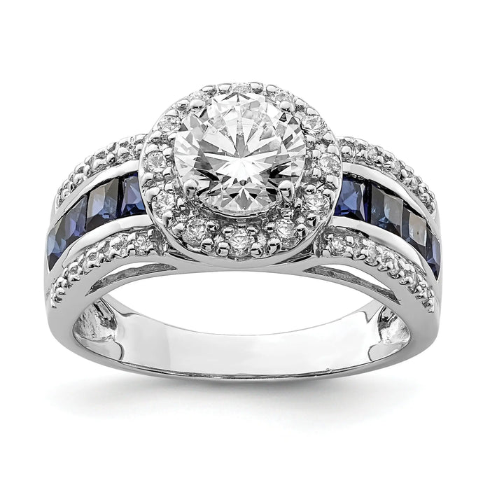 3.29 Ct Princess Blue Lab Created Sapphire & CZ Prong Sterling Silver Rhodium Plated Halo Ring by Fine Color Jewels
