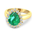 3.33 Ct Pear Green Zambian Emerald and White Diamond Prong 14k Gold Halo Statement Ring by Fine Color Jewels