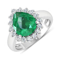 3.33 Ct Pear Green Zambian Emerald and White Diamond Prong 14k Gold Halo Statement Ring by Fine Color Jewels