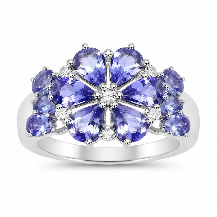 3.36 Ct Pear & Oval Violet Tanzanite Prong Rhodium Plated Silver Floral Cluster Ring by Fine Color Jewels