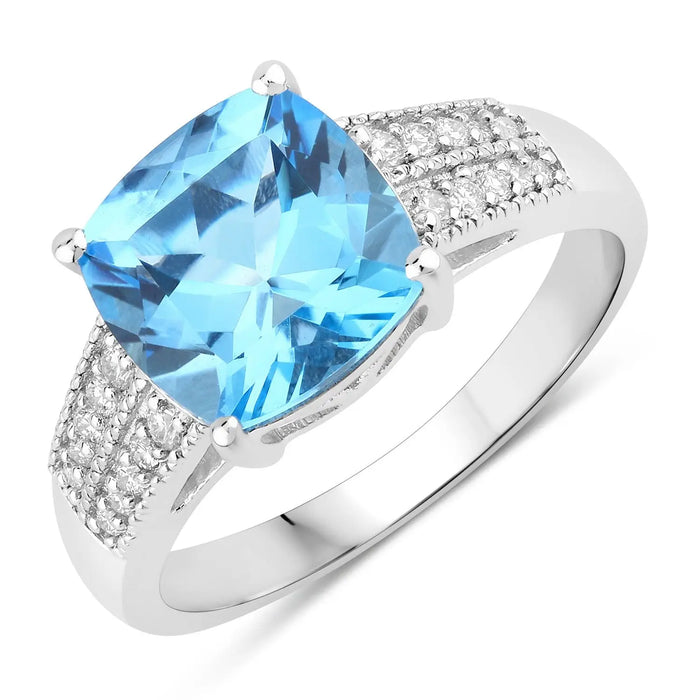 3.40 Ct Cushion Swiss Blue Topaz and Lab Diamond Prong Silver Pave Bridge Ring by Fine Color Jewels