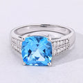 3.40 Ct Cushion Swiss Blue Topaz and Lab Diamond Prong Silver Pave Bridge Ring by Fine Color Jewels