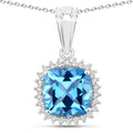 3.40 Ct Cushion Swiss Blue Topaz & Lab Diamond Prong Silver Halo Pendant Necklace by Fine Color Jewels