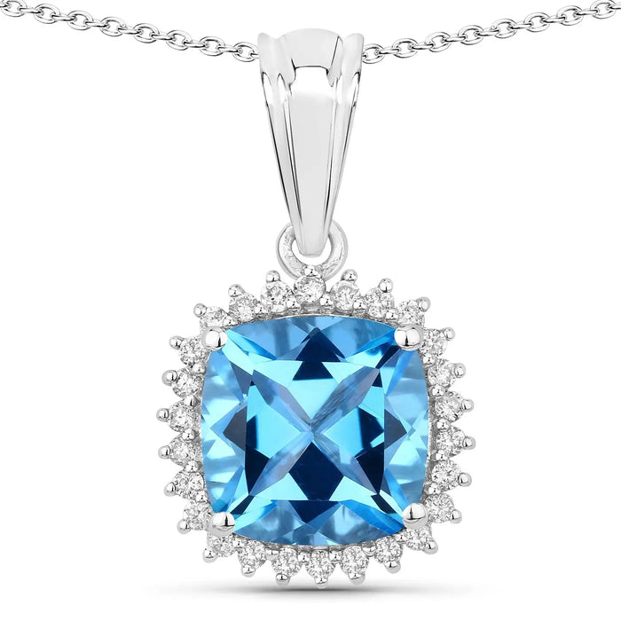 3.40 Ct Cushion Swiss Blue Topaz & Lab Diamond Prong Silver Halo Pendant Necklace by Fine Color Jewels