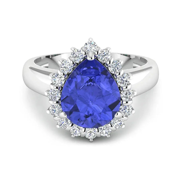 3.45 Ct Pear Violet Tanzanite and White Diamond Prong 14k Gold Halo Bridge Ring by Fine Color Jewels