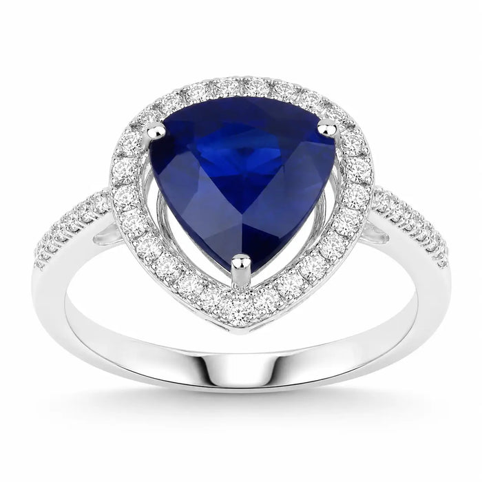 3.47 Ct Pear Ceylon Blue Sapphire and White Diamond Prong 18K White Gold Pave Halo Statement Ring by Fine Color Jewels
