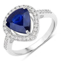 3.47 Ct Pear Ceylon Blue Sapphire and White Diamond Prong 18K White Gold Pave Halo Statement Ring by Fine Color Jewels