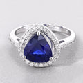 3.47 Ct Pear Ceylon Blue Sapphire and White Diamond Prong 18K White Gold Pave Halo Statement Ring by Fine Color Jewels