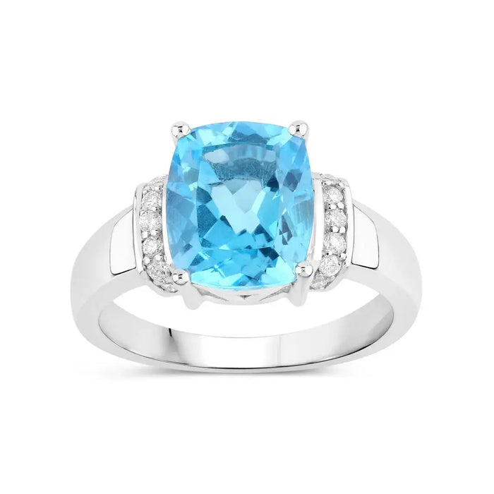 3.50 Ct Cushion Swiss Blue Topaz and Lab Diamond Prong Silver Cocktail Ring by Fine Color Jewels