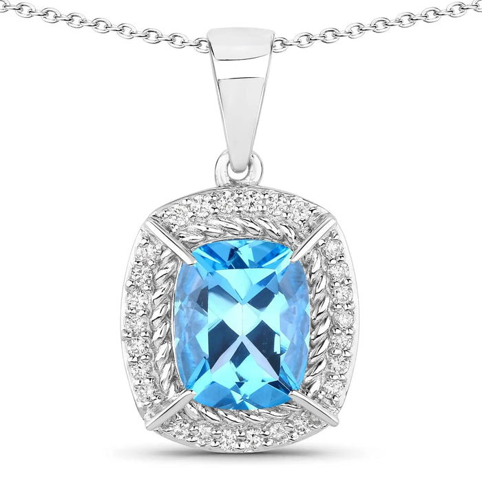 3.50 Ct Cushion Swiss Blue Topaz & Lab Diamond Prong Silver Halo Pendant Necklace by Fine Color Jewels