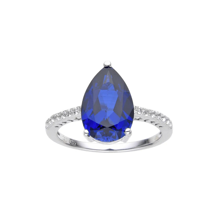3.50 Ct Pear Lab Created Blue Sapphire Prong Silver Cocktail Pave-set Ring by Fine Color Jewels