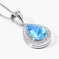 3.50 Ct Pear Swiss Blue Topaz and Lab Diamond prong Silver Halo teardrop pendant Necklace by Fine Color Jewels