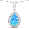 3.50 Ct Pear Swiss Blue Topaz and Lab Diamond prong Silver Halo teardrop pendant Necklace