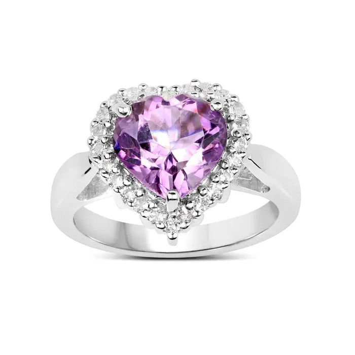 3.53 Ct Heart Purple Amethyst and White Topaz Prong Silver Halo Promise Ring by Fine Color Jewels