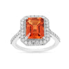 3.56 Ct Octagon Lab Created Peach Sapphire and Moissanite Prong Silver Halo Statement Ring