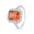 3.56 Ct Octagon Lab Created Peach Sapphire and Moissanite Prong Silver Halo Statement Ring by Fine Color Jewels