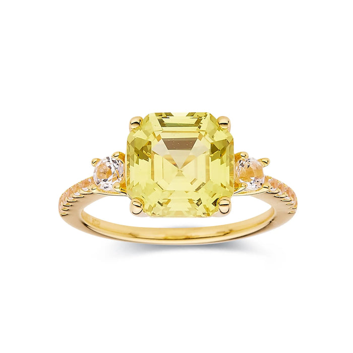 3.60 Ct Asscher Yellow Sapphire Prong 18k Gold Yellow Over Silver Three Stone Ring by Fine Color Jewels