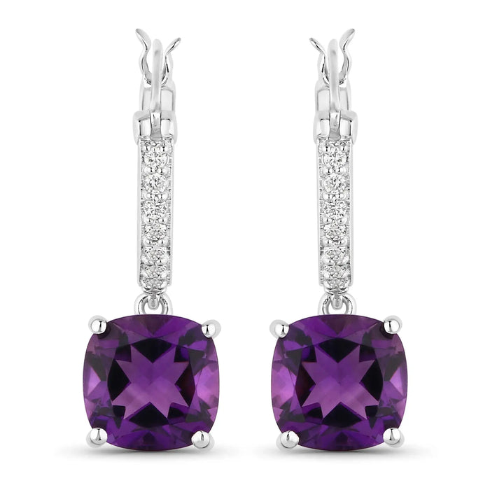 3.60 Ct Cushion Purple Amethyst & Lab Diamond Prong Rhodium Plated Silver Dangle Earrings by Fine Color Jewels