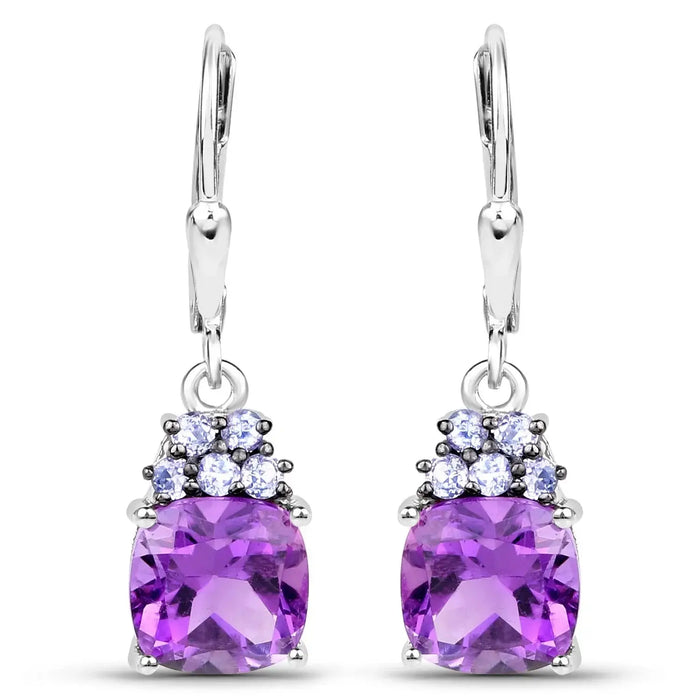 3.60 Ct Cushion Purple Amethyst Prong Silver Leverback Dangle Earrings by Fine Color Jewels