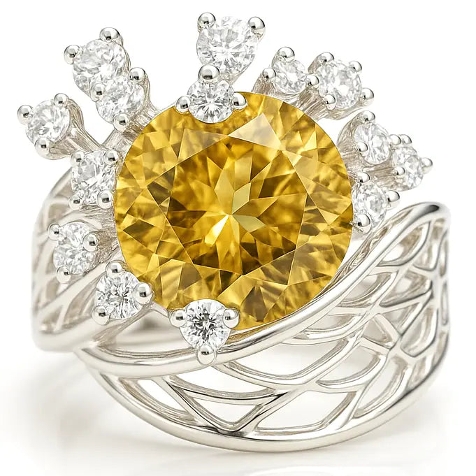 3.64 Ct Round Yellow Citrine and White Topaz Prong Silver Flower Ring by Fine Color Jewels