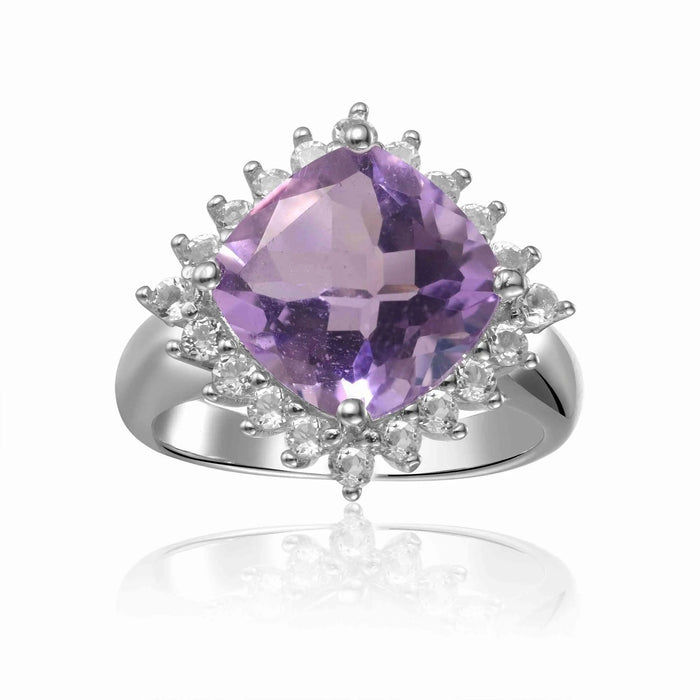 3.65 Ct Cushion Pink Amethyst Prong Silver Checkerboard Statement Ring by Fine Color Jewels