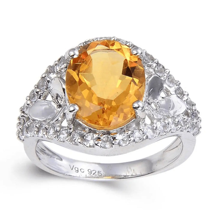 3.68 Ct Oval Yellow Citrine and White Topaz Prong Silver Statement Ring by Fine Color Jewels