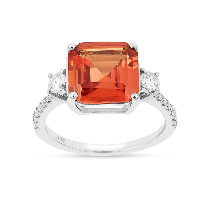 3.71 Ct Square Lab Created Peach Sapphire and Moissanite Prong Silver Three Stone Ring by Fine Color Jewels