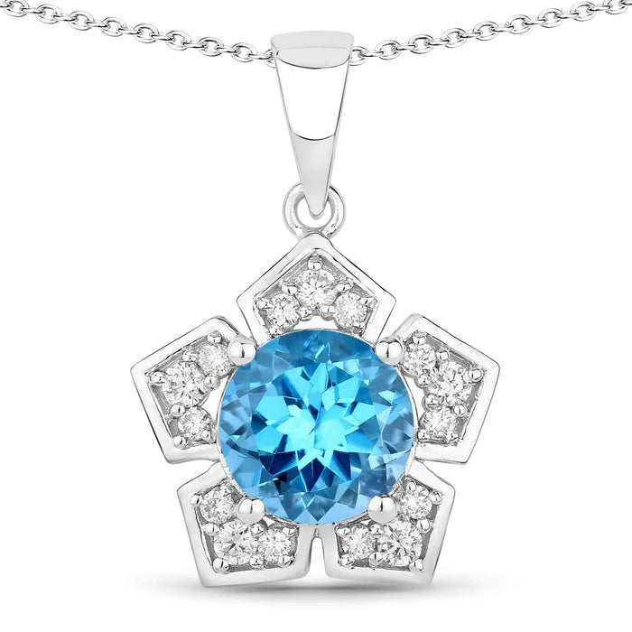 3.75 Ct Round Swiss Blue Topaz & Lab Diamond Prong Silver Star Shape Pendant Necklace by Fine Color Jewels