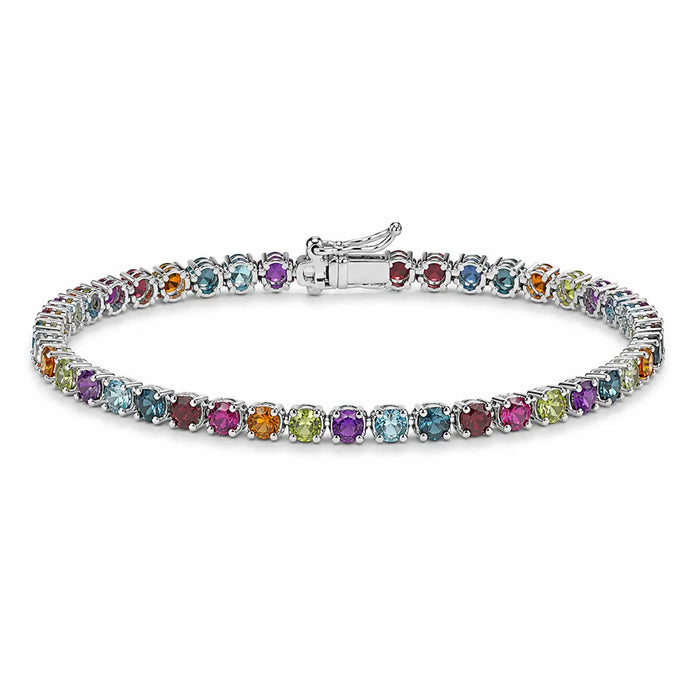 3.79 Ct Round Multicolor Multi-Gemstone Prong Sterling Silver Tennis Bracelet by Fine Color Jewels