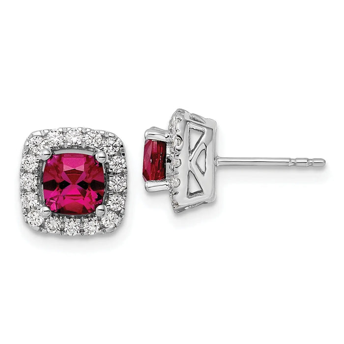3/8 ct Lab Diamond and Created Ruby Halo Post Earrings 14k White Gold by Fine Color Jewels