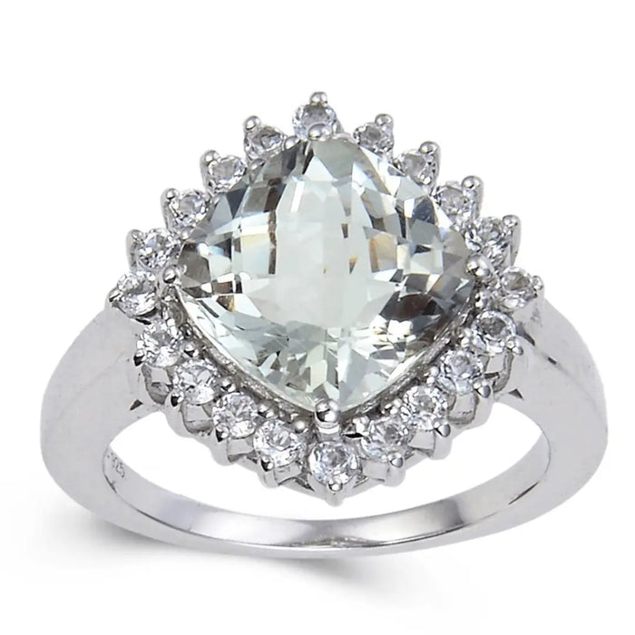 3.80 Ct Cushion Green Amethyst Prong Silver Halo Floral Ring by Fine Color Jewels
