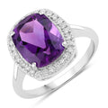 3.80 Ct Cushion Purple Amethyst & Lab Diamond Prong Silver Halo Bridge Ring by Fine Color Jewels