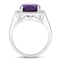 3.80 Ct Oval Purple Amethyst and Lab Diamond Prong Silver Halo Bridge Ring by Fine Color Jewels