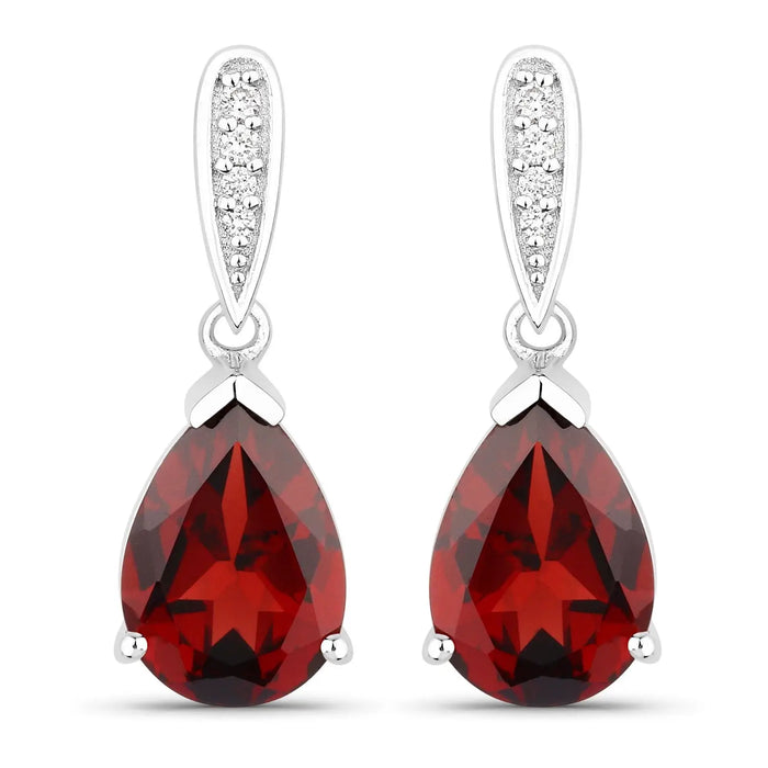 3.80 Ct Pear Red Mozambique Garnet & Lab Diamond V-Prong Silver Teardrop Dangle Earrings by Fine Color Jewels