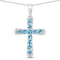 3.85 Ct Round Blue Topaz Prong Silver Cross Pendant Necklace by Fine Color Jewels