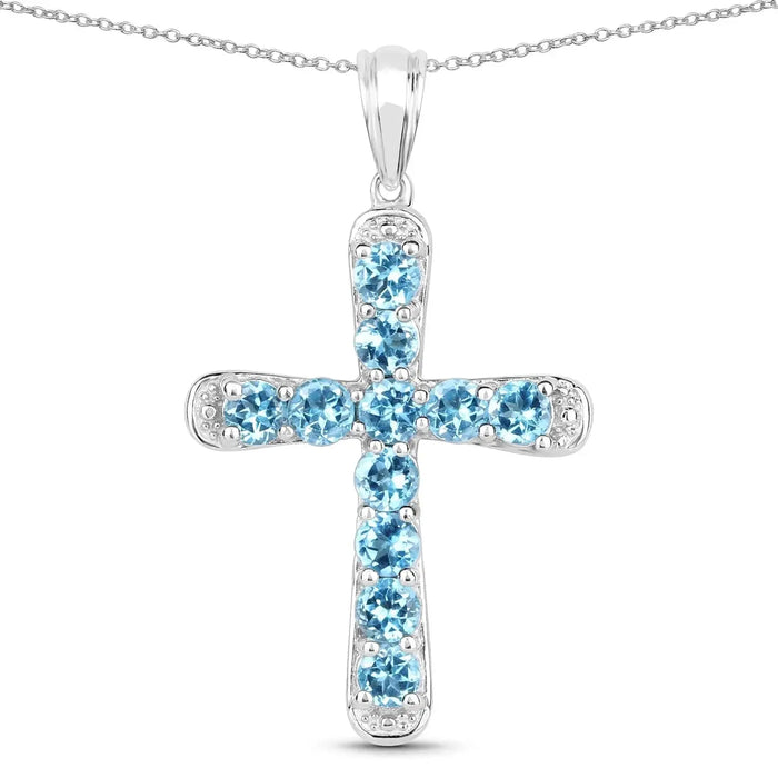 3.85 Ct Round Blue Topaz Prong Silver Cross Pendant Necklace by Fine Color Jewels