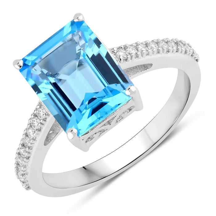 3.89 Ct Octagon Swiss Blue Topaz & Lab Diamond Prong Silver Pave Bridge Ring by Fine Color Jewels