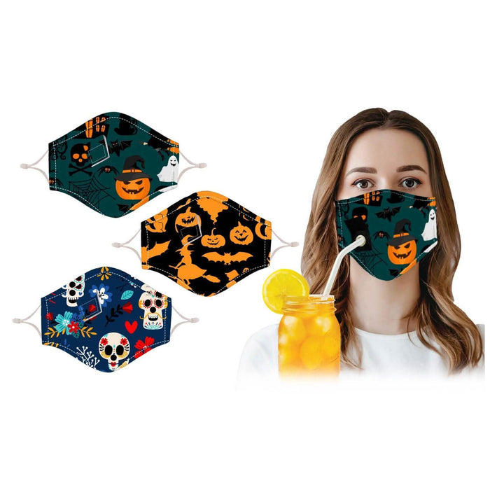 3-Pack: Halloween Special Reusable Face Mask With Drinking Straw Hole by DailySale