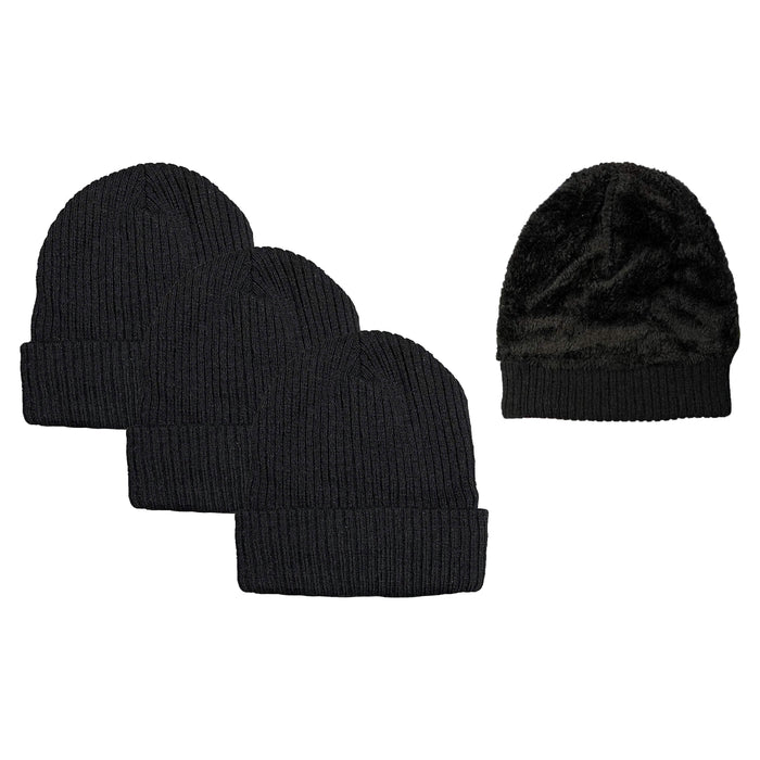 3-Pack: Unisex Black Sherpa Fleece-Lined Ribbed Beanie Hat by DailySale