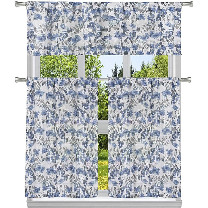 3-Piece: Chic Floral Pattern Semi-Sheer Kitchen Curtain Tier and Valance Set by DailySale