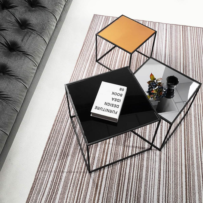3-Piece: Mirror Top Nesting Coffee Table End Desk/Side Table Set in Black Steel Tube by DailySale