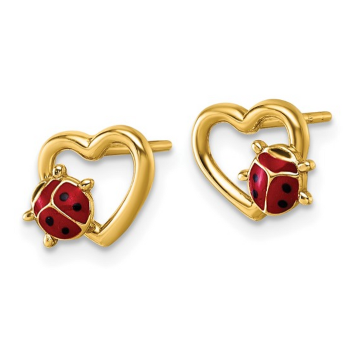 14k Gold Ladybug Earrings on Heart by Fine Color Jewels