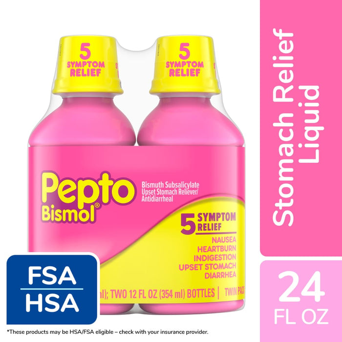 Pepto Bismol 5 Symptom Relief Twin Pack 2-12 Fl Oz Bottles by Pasteur Pharmacy